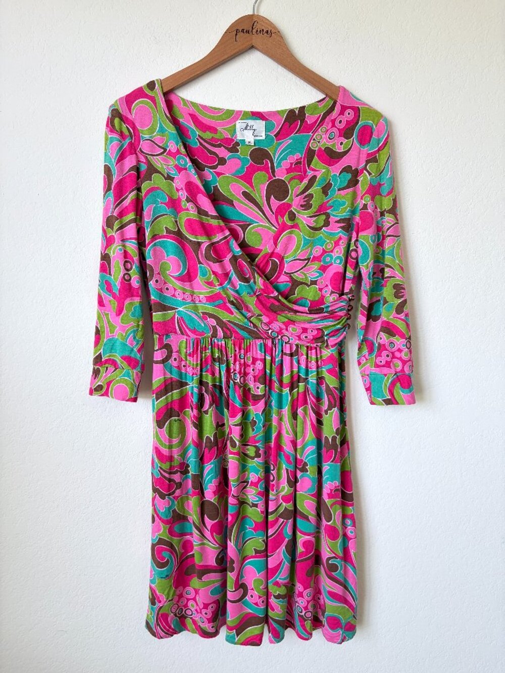 Milly New York Dress Womens Medium Retro Mod Print Abstract Faux Wrap Pink USA M